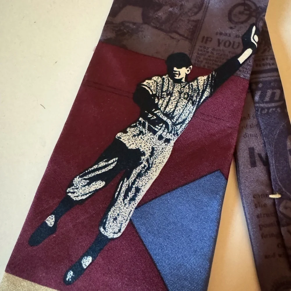 Vintage Resilio silk necktie with baseball player and old advertisements